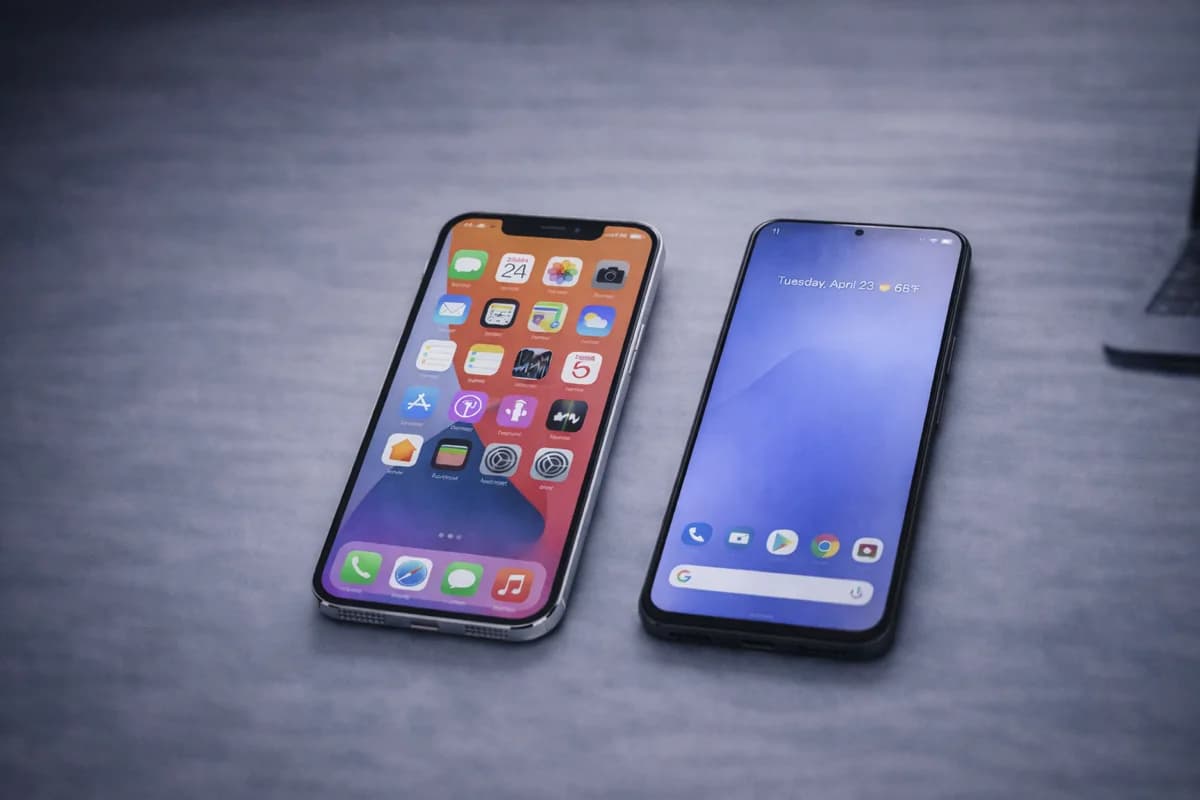 iPhone and Android phones on a repair desk with tools and replacement parts