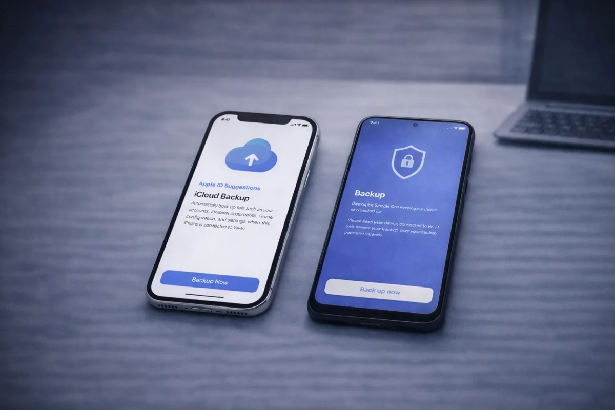 Phone backup screen showing cloud sync and data protection icons