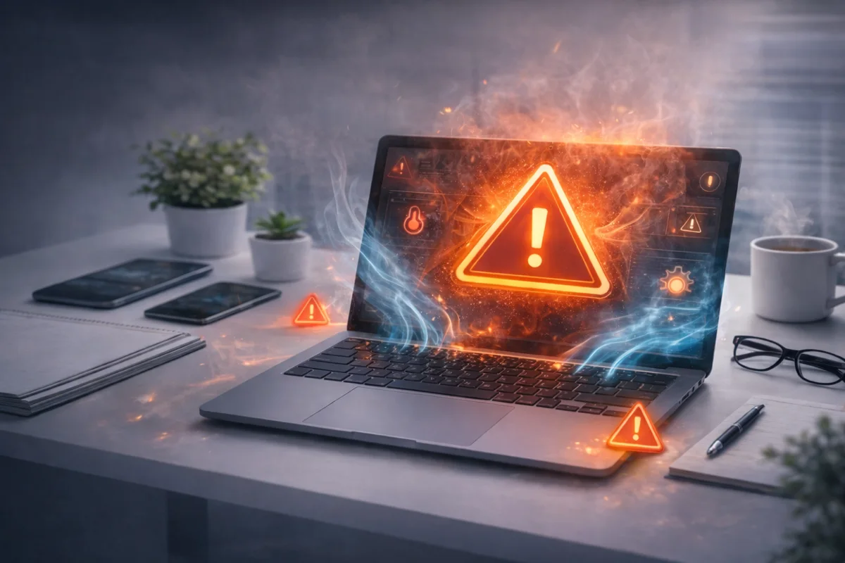 Laptop with heat warning and cooling airflow, representing overheating troubleshooting
