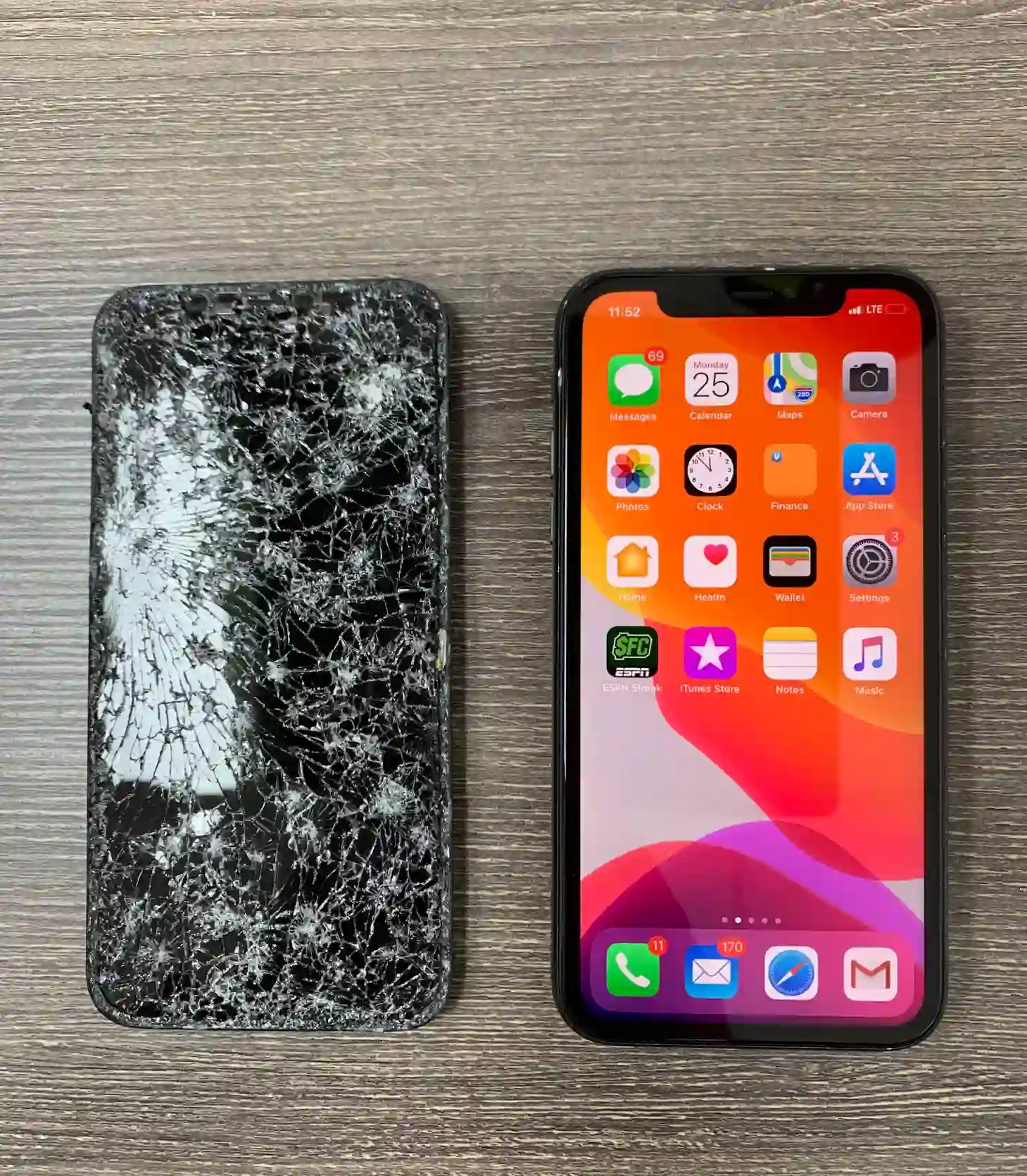 Cracked iPhone screen before repair at our Houston phone repair shop